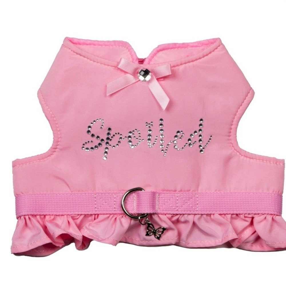 Doggy Parton Spoiled Pink Rhinestone Dog Harness Ruffle XS Bow Butterfly Charm